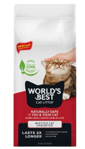 Worlds's Best Cat Litter A red litter bag is shown