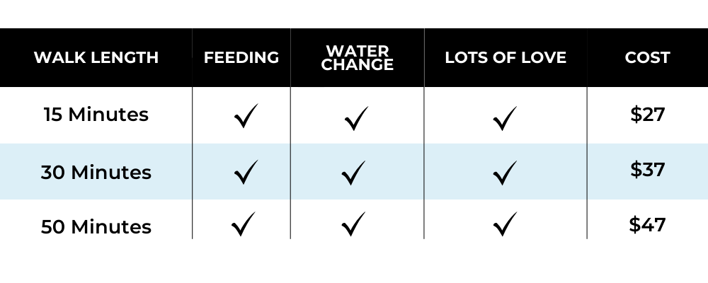 Dog Walking Walk Length Pricing Comparison Chart Dog walking pricing table comparing 15-, 30-, and 50-minute walks with feeding, water change, and care included; prices are $27, $37, and $47.